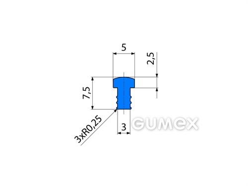 Silikonový profil tvaru "T", 7,5x5/3mm, 60°ShA, -60°C/+180°C, modrý (RAL 5015)